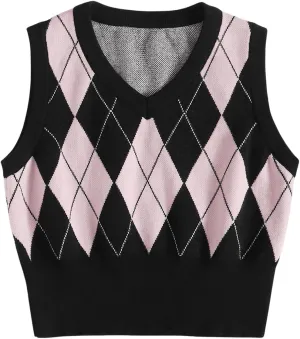 SweatyRocks Women's Geometric Pattern Sweater Vest V Neck Sleeveless Preppy Style Crop Tank Top