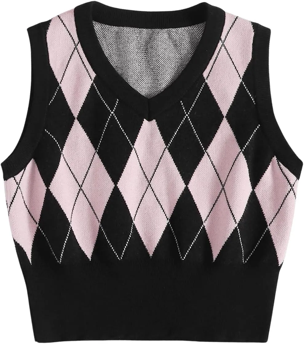 SweatyRocks Women's Geometric Pattern Sweater Vest V Neck Sleeveless Preppy Style Crop Tank Top