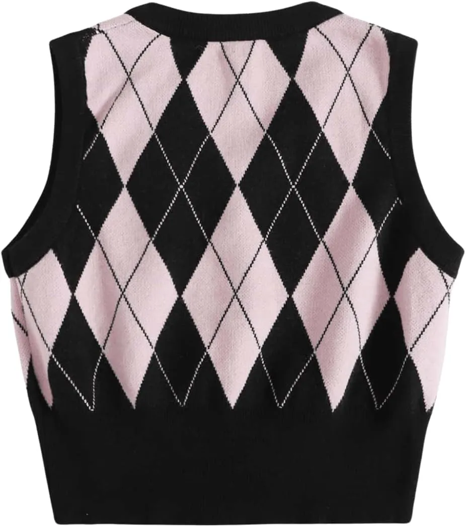 SweatyRocks Women's Geometric Pattern Sweater Vest V Neck Sleeveless Preppy Style Crop Tank Top