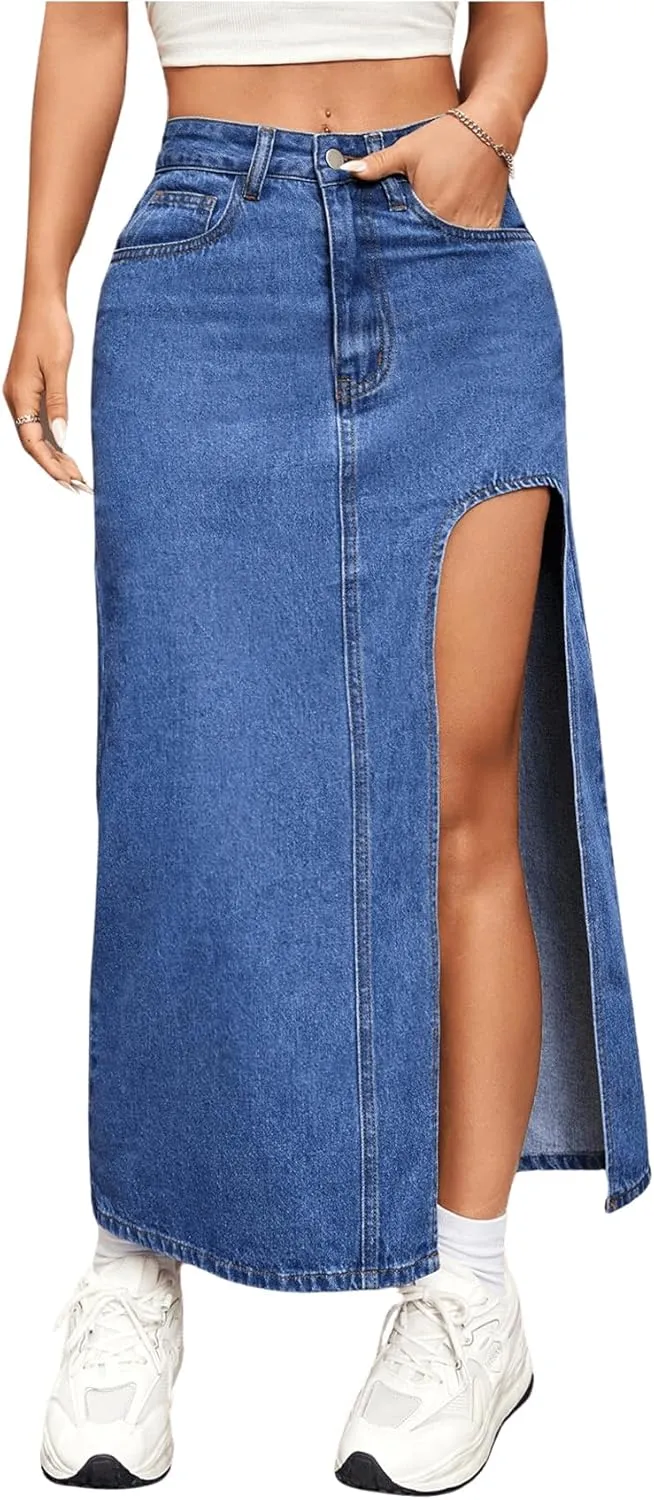 SweatyRocks Women's High Split Denim Skirt High Waisted Straight Hem Long Skirts with Pockets