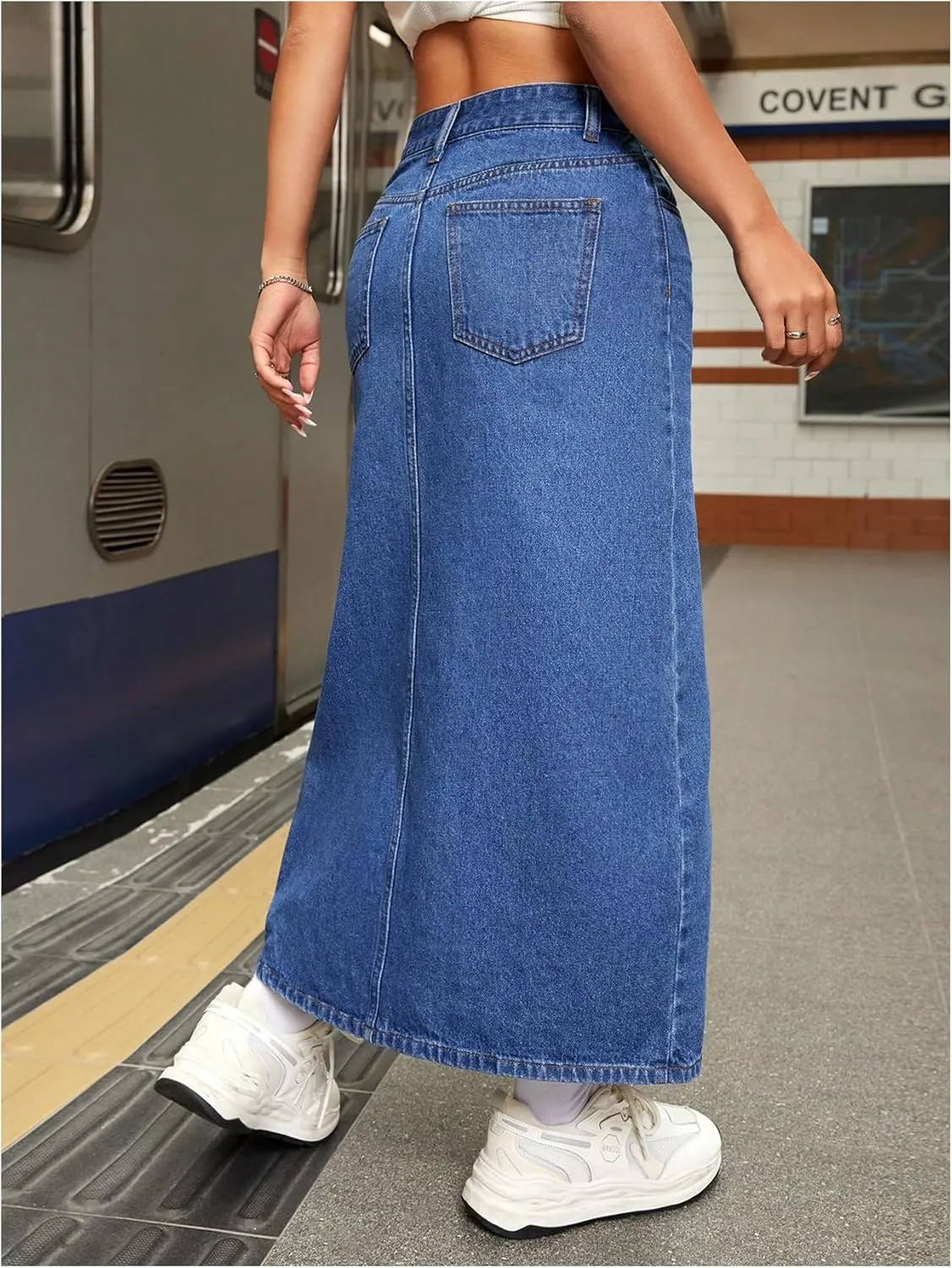 SweatyRocks Women's High Split Denim Skirt High Waisted Straight Hem Long Skirts with Pockets
