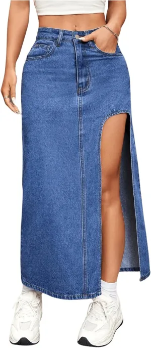 SweatyRocks Women's High Split Denim Skirt High Waisted Straight Hem Long Skirts with Pockets