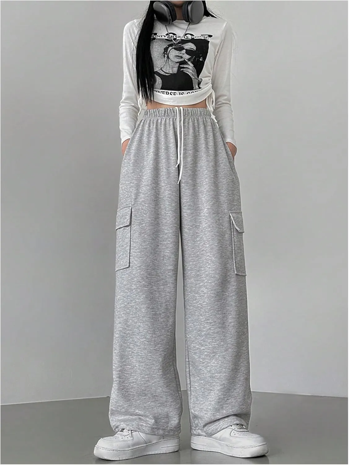 SweatyRocks Women's Wide Leg Sweatpants Elastic High Waisted Jogger Pants with Pockets