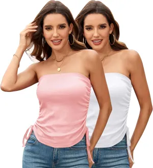 TAIPOVE Tube Tops for Women Strapless Summer Bandeau Shirt Ribbed Cotton Drawstring Ruched Side Trendy Going Out Outfit 2pack