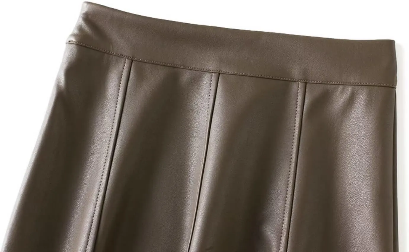 TangDao Women's Retro Faux Leather High Waist Pleated Flare Long A-line Midi Skirt