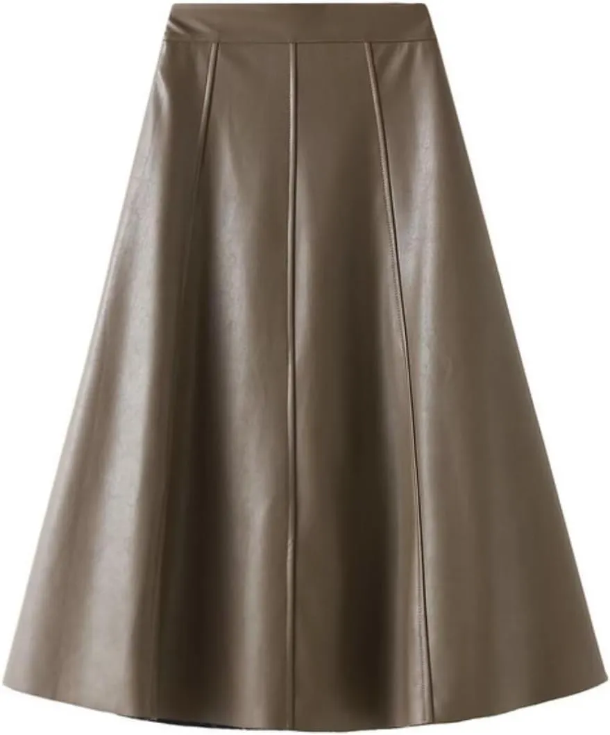 TangDao Women's Retro Faux Leather High Waist Pleated Flare Long A-line Midi Skirt