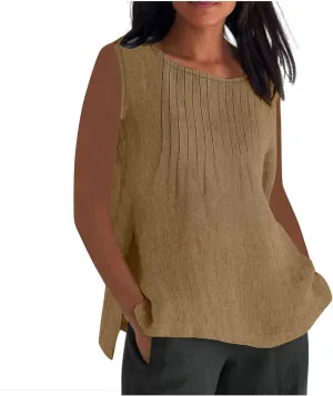 Tank Tops for Women 2025 Plus Size Pleated Side Split Camisole Tank Tops Summer Fashion Crew Neck Sleeveless Vest