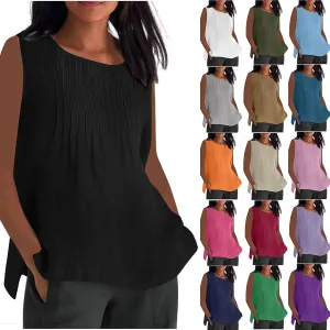 Tank Tops for Women 2025 Plus Size Pleated Side Split Camisole Tank Tops Summer Fashion Crew Neck Sleeveless Vest