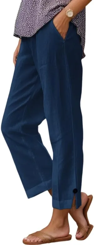 TIAFORD Womens Summer Cotton Linen Elastic High Waist Cropped Pants Casual Loose Straight Leg Beach Trousers with Pockets