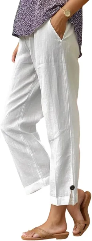 TIAFORD Womens Summer Cotton Linen Elastic High Waist Cropped Pants Casual Loose Straight Leg Beach Trousers with Pockets
