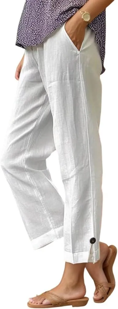 TIAFORD Womens Summer Cotton Linen Elastic High Waist Cropped Pants Casual Loose Straight Leg Beach Trousers with Pockets