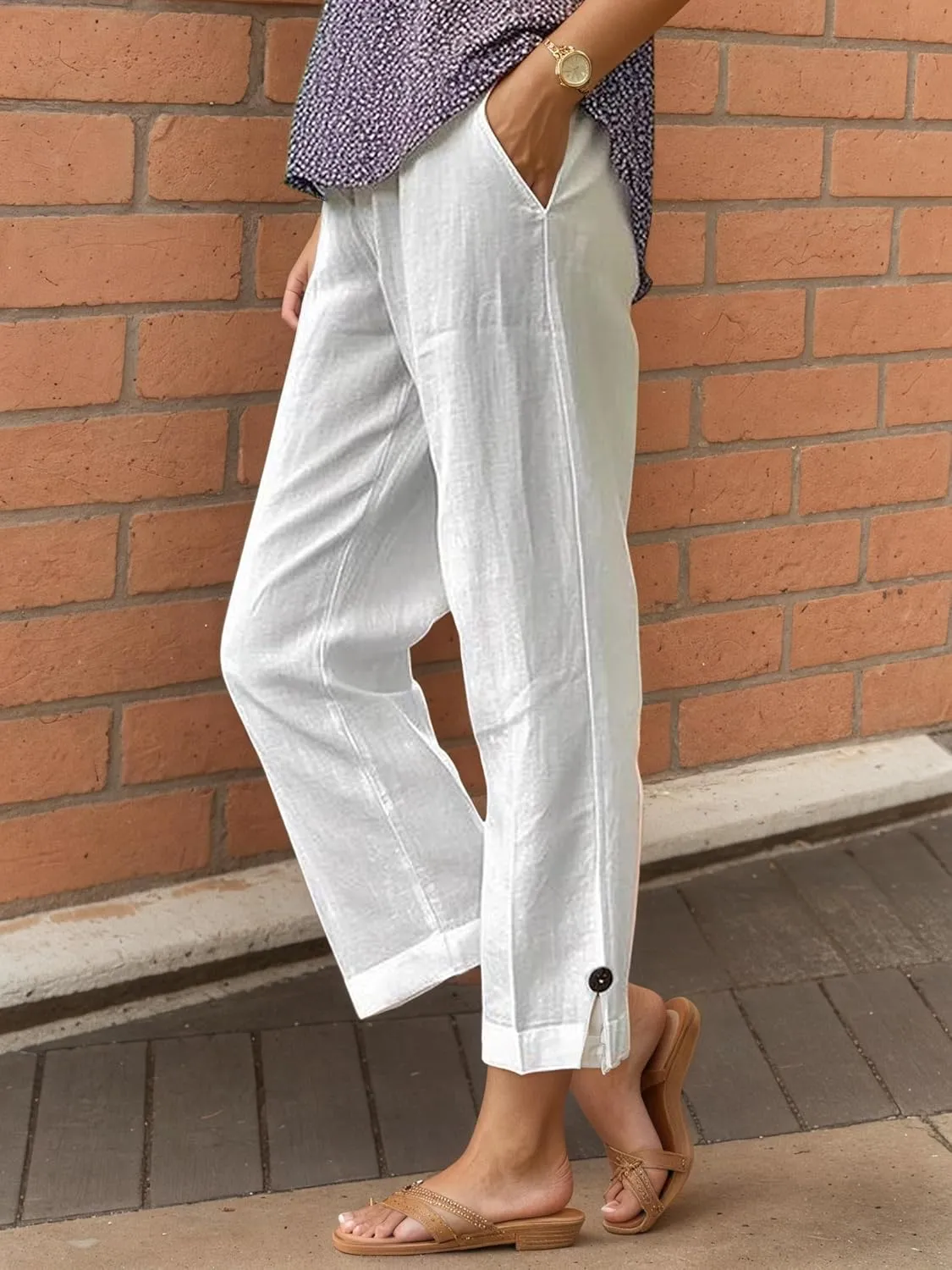 TIAFORD Womens Summer Cotton Linen Elastic High Waist Cropped Pants Casual Loose Straight Leg Beach Trousers with Pockets