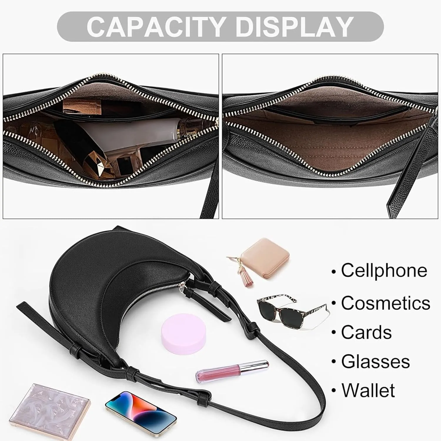Trendy Handbag Purse Leather Tote Bag Underarm Hobo Bag Top Handle Shoulder Bag Crescent Bag for Women (Black)