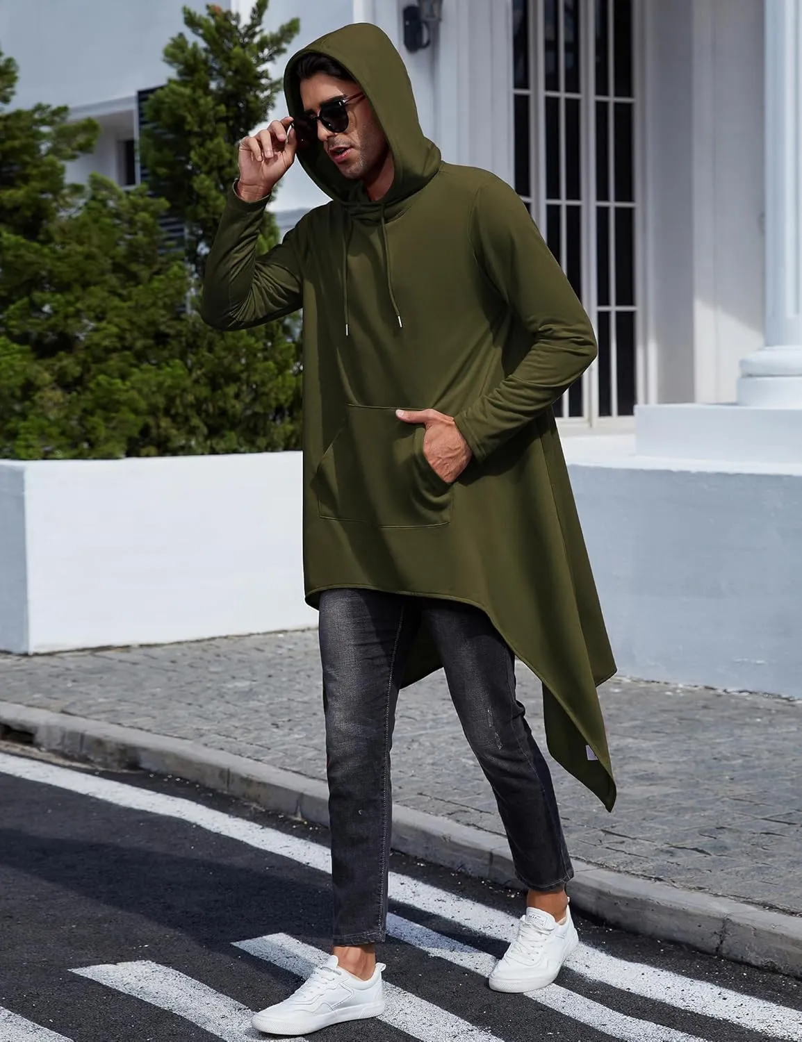 TURETRENDY Men's Hooded Cloak Casual Long Pullover Hoodie Cape Hip Hop Sweatshirt with Pocket