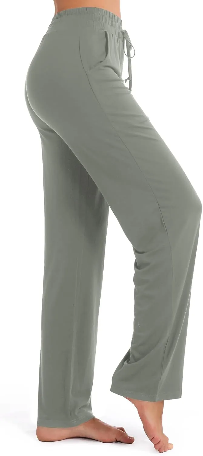 Urban CoCo Women's Straight Leg Long Pants Elastic High Waist Drawstring Casual Trousers with Pockets