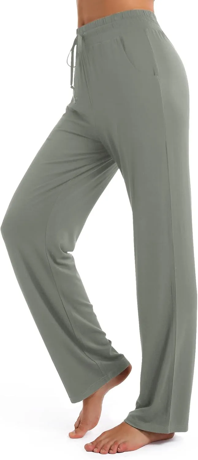 Urban CoCo Women's Straight Leg Long Pants Elastic High Waist Drawstring Casual Trousers with Pockets