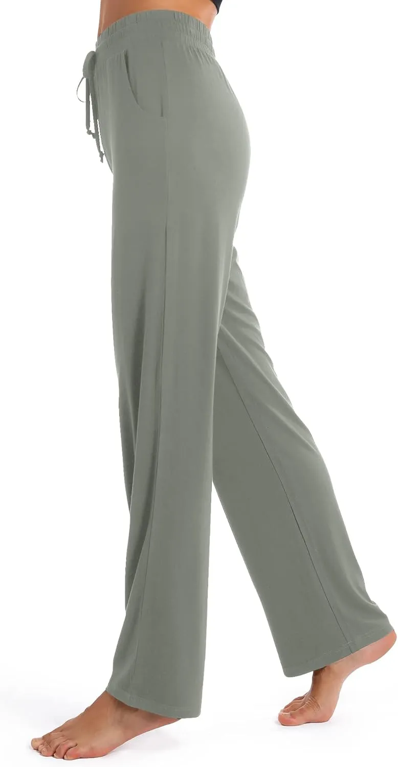 Urban CoCo Women's Straight Leg Long Pants Elastic High Waist Drawstring Casual Trousers with Pockets