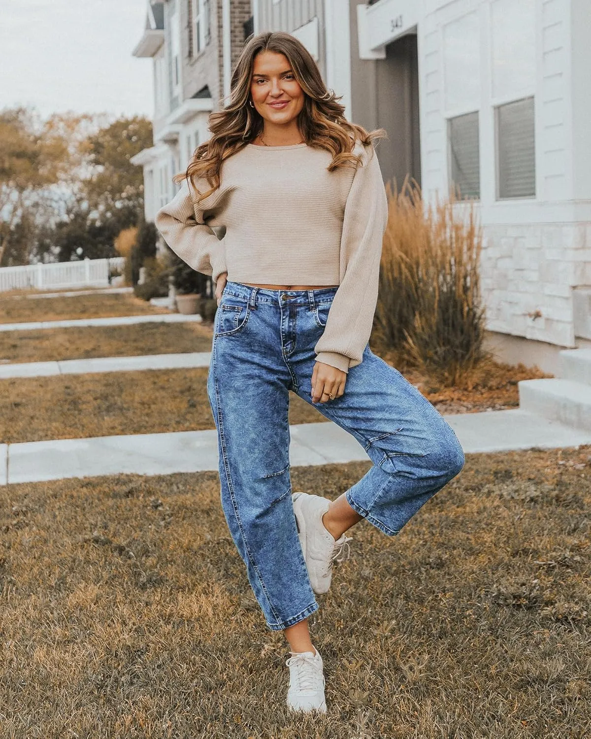 Utyful Barrel Jeans Women Cropped Baggy Trendy High Waisted Distressed Loose Stretch Denim Trouser Jeans with Pockets