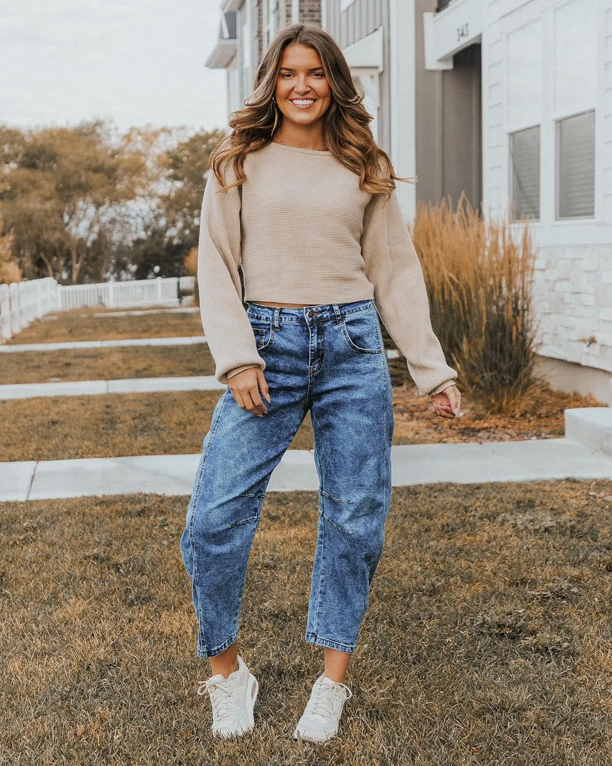 Utyful Barrel Jeans Women Cropped Baggy Trendy High Waisted Distressed Loose Stretch Denim Trouser Jeans with Pockets