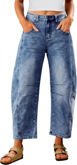 Utyful Barrel Jeans Women Cropped Baggy Trendy High Waisted Distressed Loose Stretch Denim Trouser Jeans with Pockets