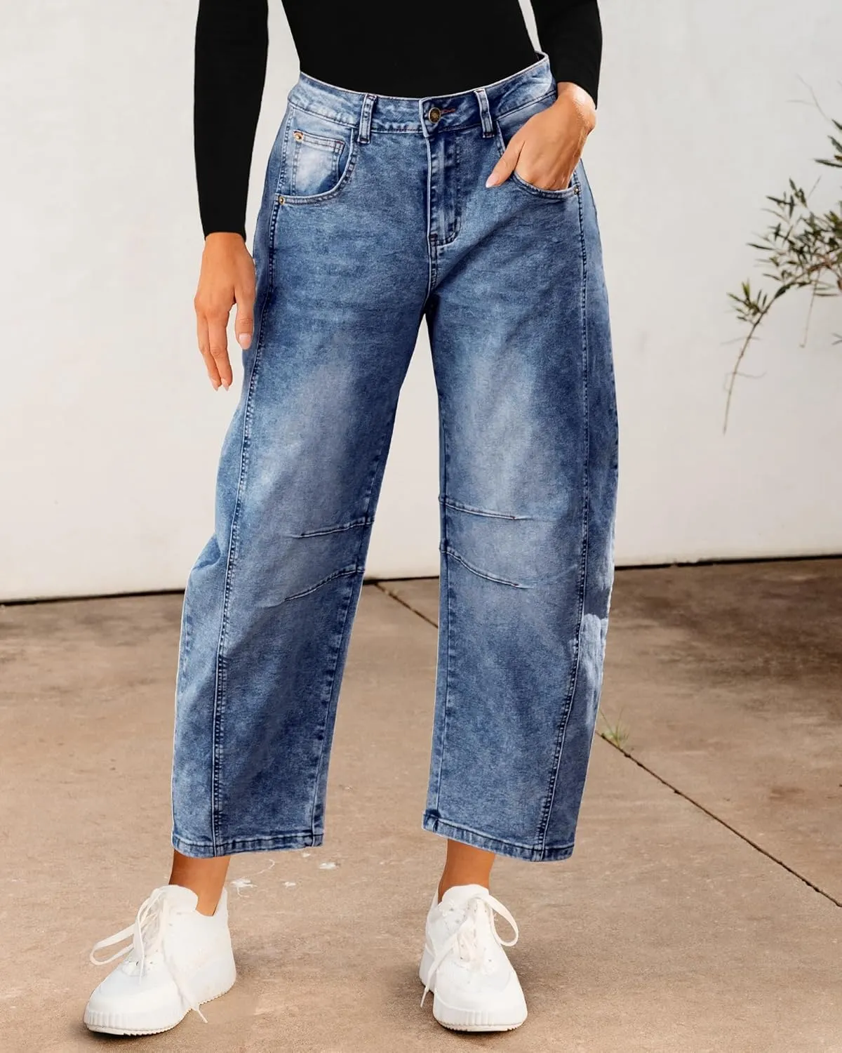Utyful Barrel Jeans Women Cropped Baggy Trendy High Waisted Distressed Loose Stretch Denim Trouser Jeans with Pockets