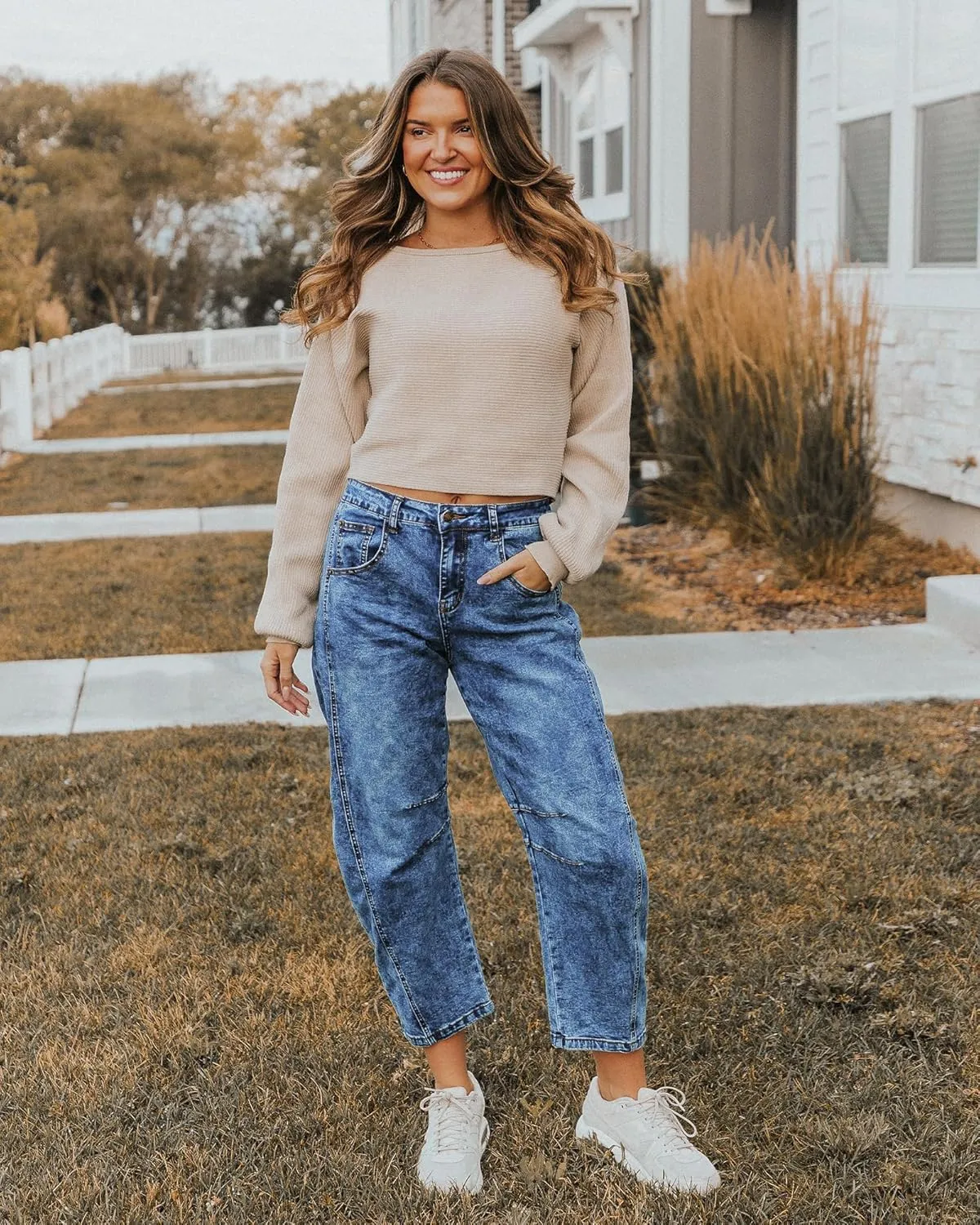 Utyful Barrel Jeans Women Cropped Baggy Trendy High Waisted Distressed Loose Stretch Denim Trouser Jeans with Pockets