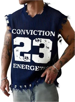 Verdusa Men's Graphic Letter Print Ripped Sweater Vest Sleeveless Summer Knit Tops