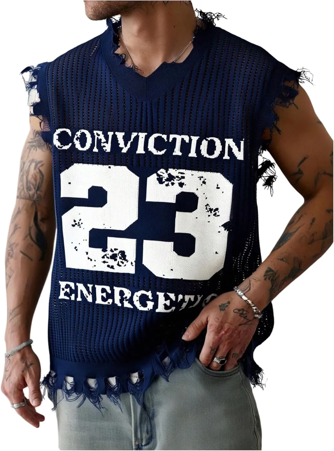 Verdusa Men's Graphic Letter Print Ripped Sweater Vest Sleeveless Summer Knit Tops