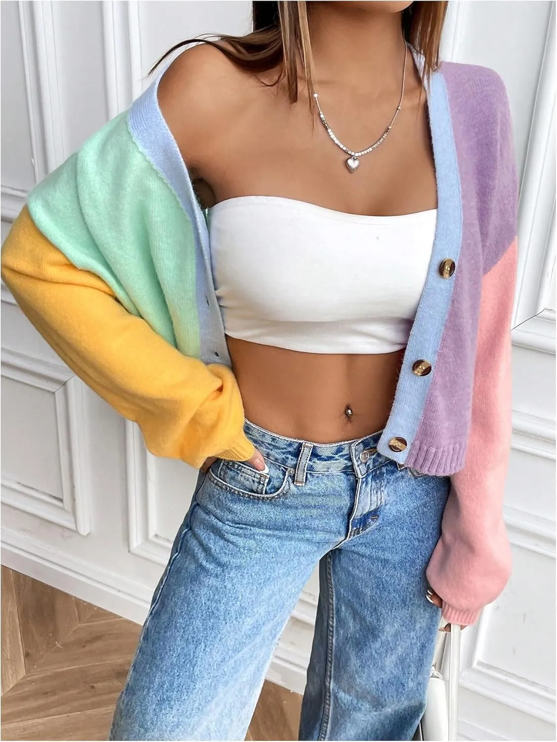 Verdusa Women's Colorful V Neck Open Front Puff Sleeve Sweater Coat 70s Cropped Cardigan Sweaters