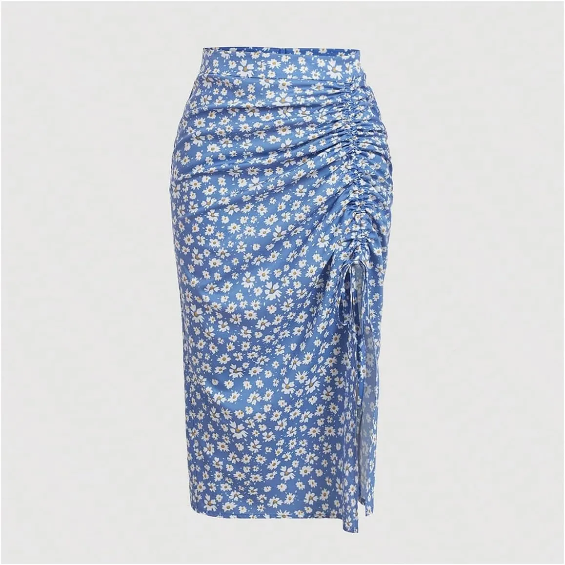 Verdusa Women's Ditsy Floral Print Ruched Skirt Split Thigh Casual Long Skirts