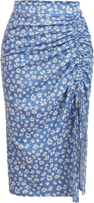 Verdusa Women's Ditsy Floral Print Ruched Skirt Split Thigh Casual Long Skirts
