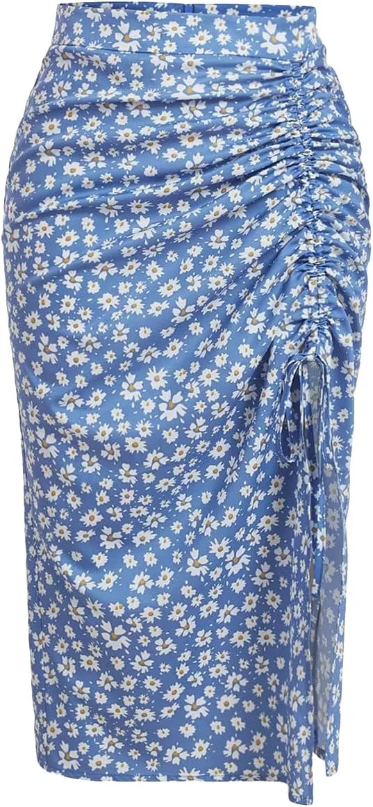 Verdusa Women's Ditsy Floral Print Ruched Skirt Split Thigh Casual Long Skirts