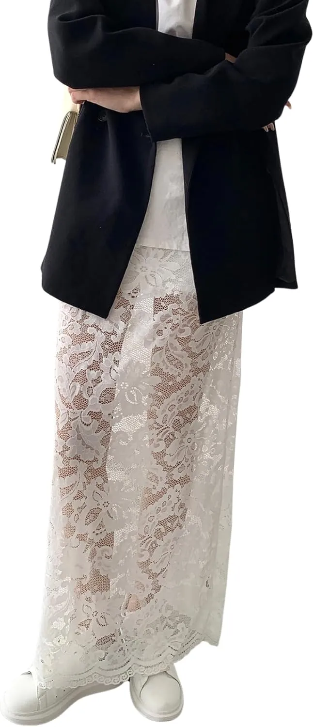Verdusa Women's Lace Sheer Split Long Skirt Floral A Line Elastic Waist No Pants Skirts