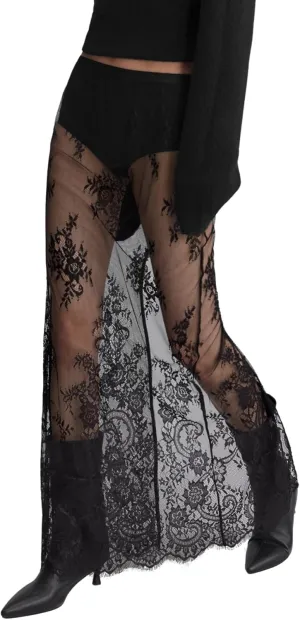 Verdusa Women's Lace Sheer Split Long Skirt Floral A Line Elastic Waist No Pants Skirts