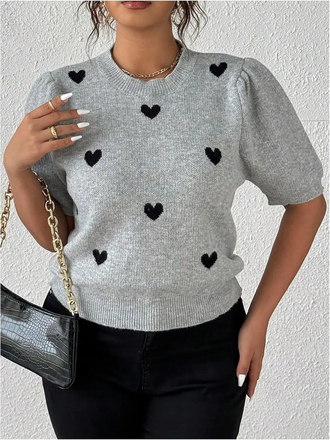 Verdusa Women's Plus Size Heart Print Puff Short Sleeve T Shirt Crew Neck Knit Top