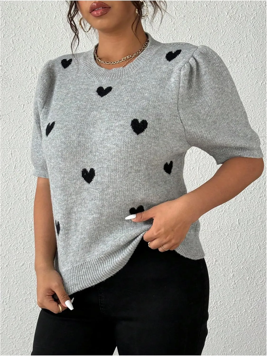 Verdusa Women's Plus Size Heart Print Puff Short Sleeve T Shirt Crew Neck Knit Top
