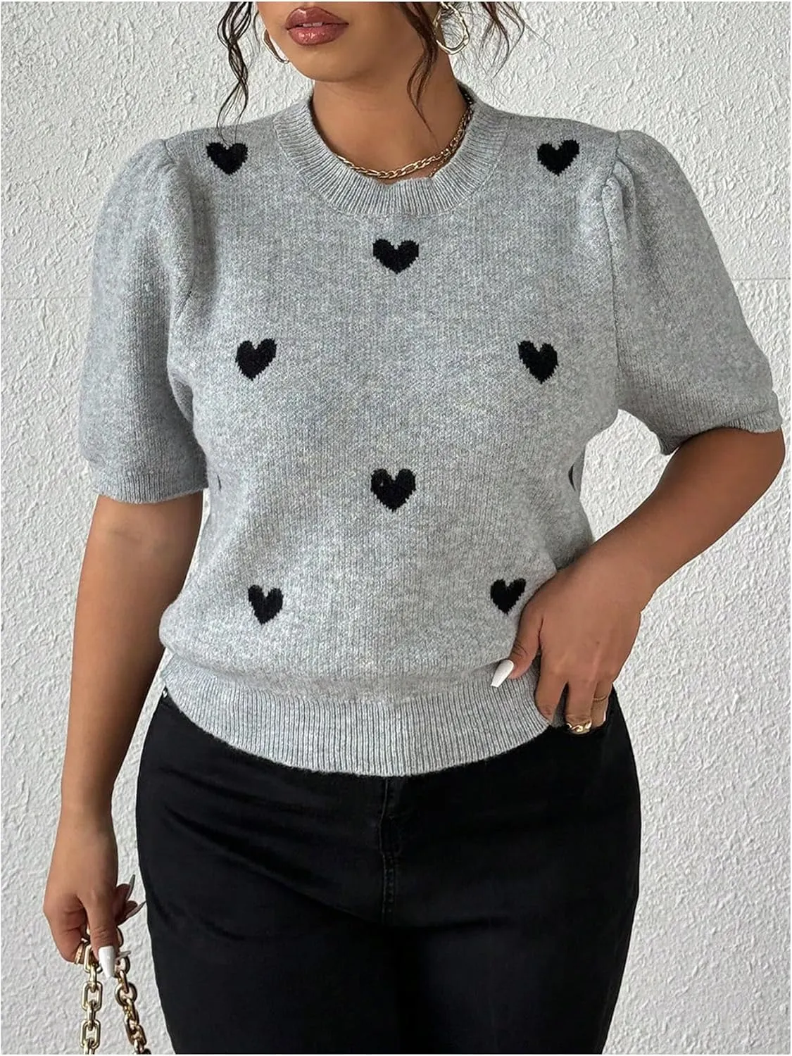 Verdusa Women's Plus Size Heart Print Puff Short Sleeve T Shirt Crew Neck Knit Top