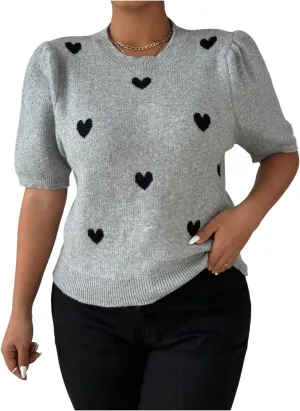 Verdusa Women's Plus Size Heart Print Puff Short Sleeve T Shirt Crew Neck Knit Top
