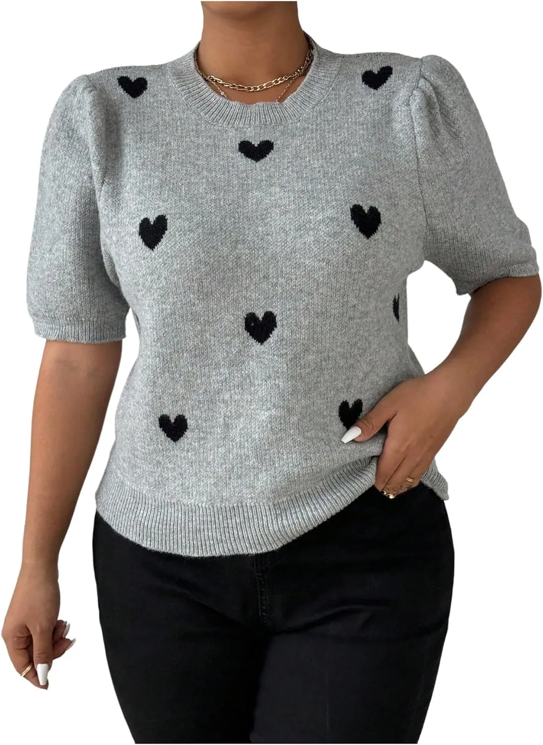 Verdusa Women's Plus Size Heart Print Puff Short Sleeve T Shirt Crew Neck Knit Top