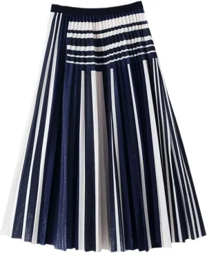 Vintage Striped Midi Long Skirt for Women Autumn Casual Elegant A Line High Waist Pleated Mid-Length Skirt