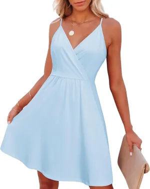 VOTEPRETTY Women's V-Neck Spaghetti Strap Dress Summer Casual Swing Sundress with Pockets