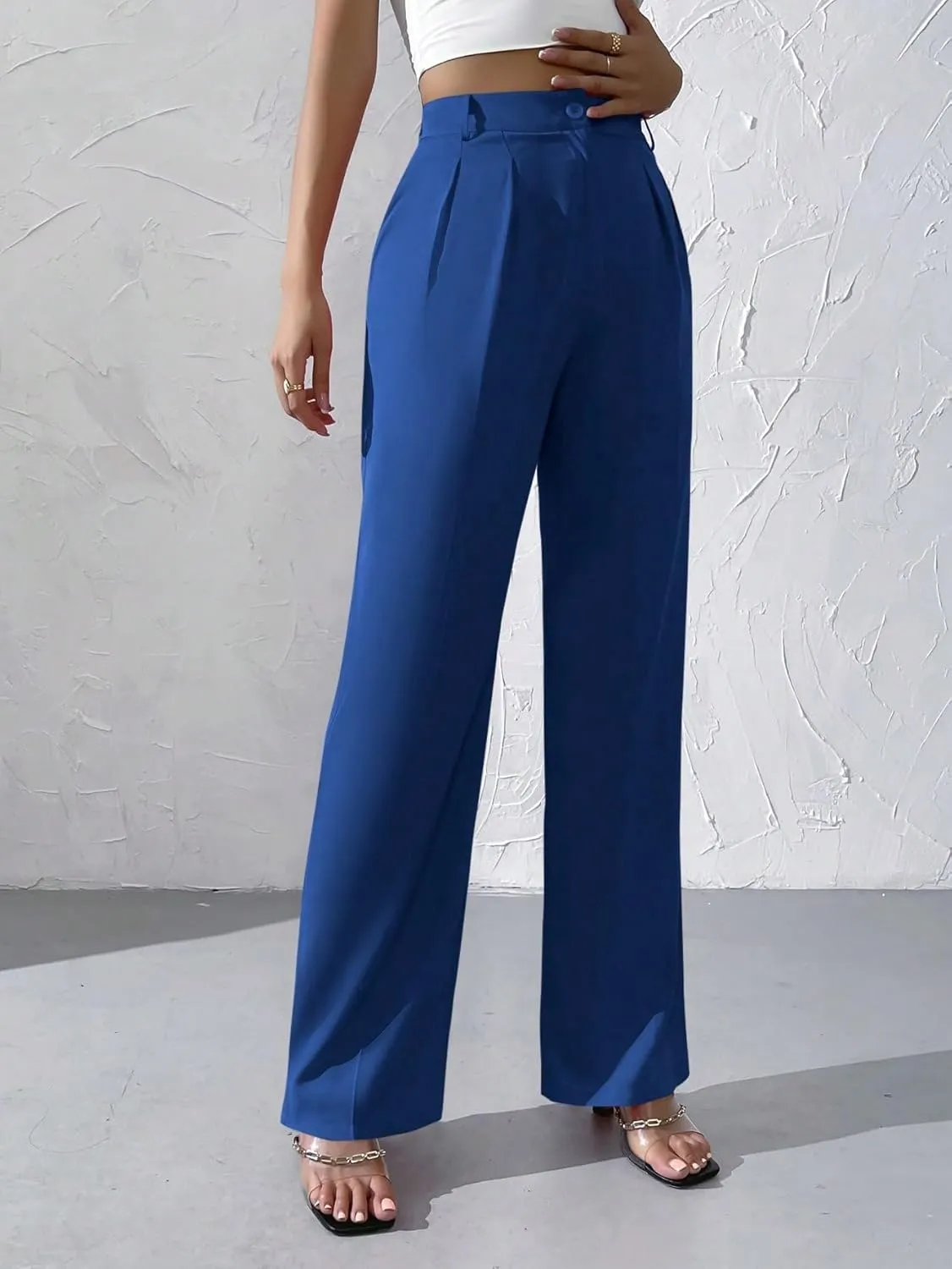 WDIRARA Women's High Waist Button Wide Leg Pants Elegant Work Pleated Pants