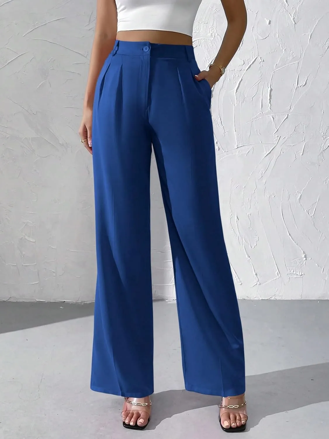 WDIRARA Women's High Waist Button Wide Leg Pants Elegant Work Pleated Pants