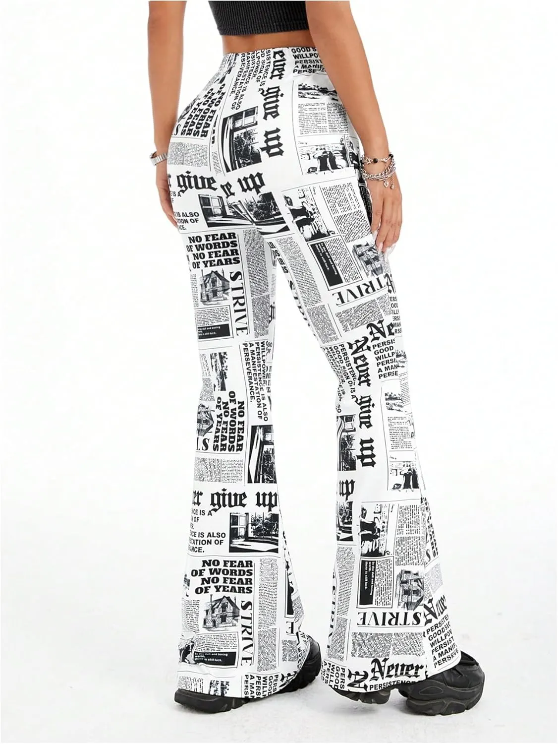 WDIRARA Women's Plus Size Newspaper Print Flare Pants High Waist Causal Long Pants Streetwear