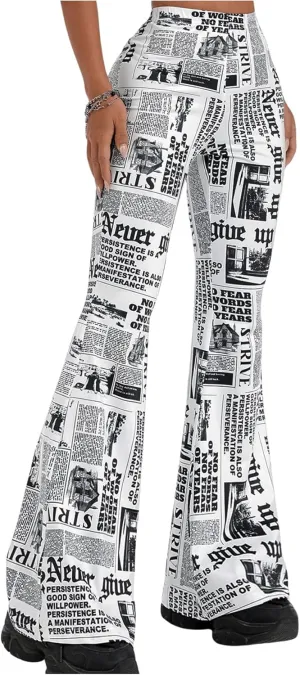 WDIRARA Women's Plus Size Newspaper Print Flare Pants High Waist Causal Long Pants Streetwear