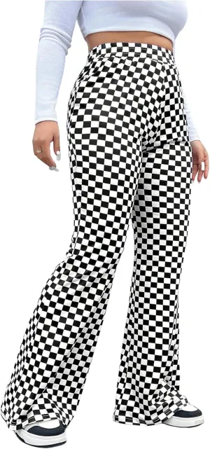 WDIRARA Women's Plus Size Newspaper Print Flare Pants High Waist Causal Long Pants Streetwear