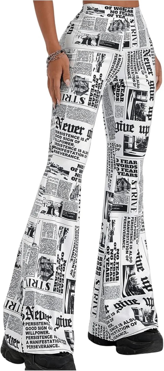 WDIRARA Women's Plus Size Newspaper Print Flare Pants High Waist Causal Long Pants Streetwear