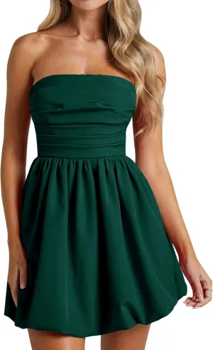 Wenrine Women's Sexy Strapless Summer Mini Dress Sleeveless Smocked A Lined Bubble Wedding Club Party Dress