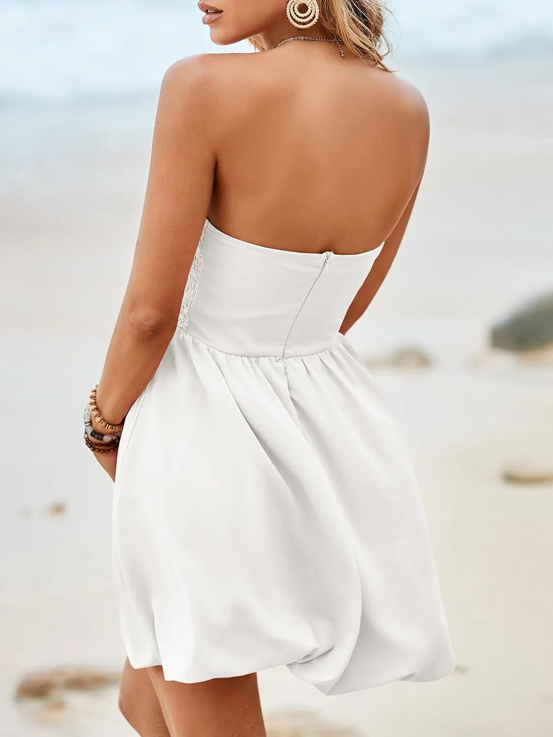 Wenrine Women's Sexy Strapless Summer Mini Dress Sleeveless Smocked A Lined Bubble Wedding Club Party Dress