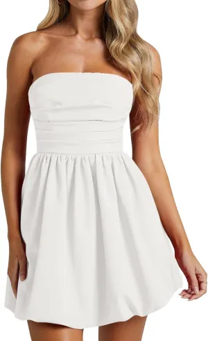 Wenrine Women's Sexy Strapless Summer Mini Dress Sleeveless Smocked A Lined Bubble Wedding Club Party Dress